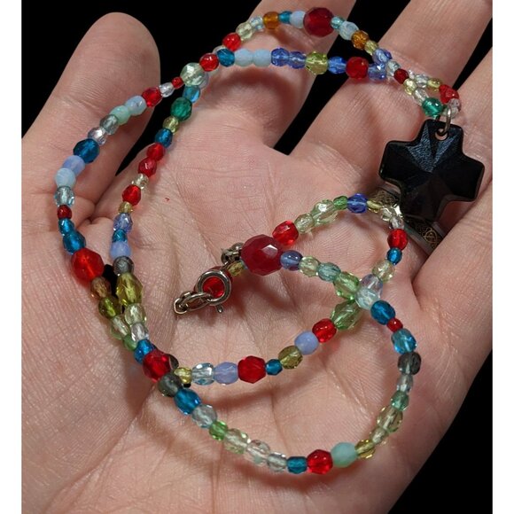 Handmade Rainbow Glass Beaded Cross Necklace - Picture 5 of 5